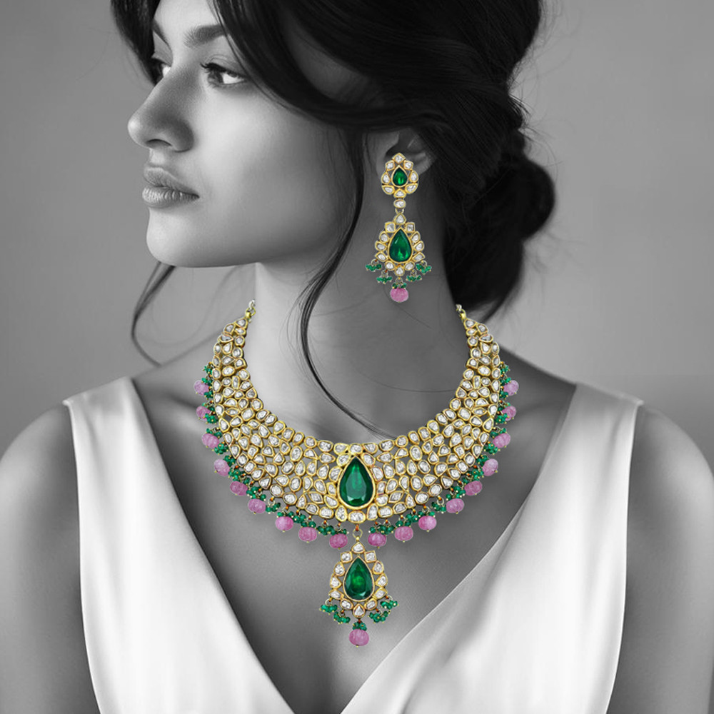 Polki Diamond Necklace Set with Green Stone and Pink Beads